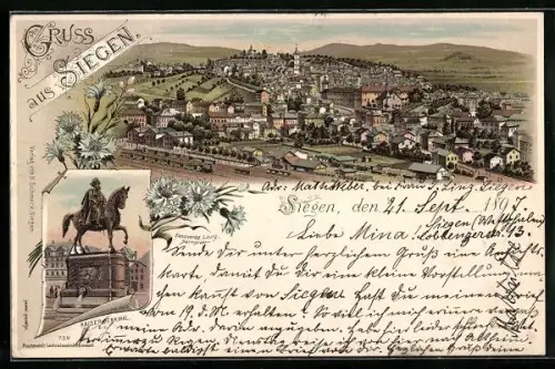 Lithographie Siegen, Kaiserdenkmal, Blick auf den Ort mit Bahngleisen