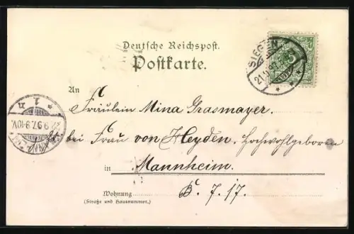 Lithographie Siegen, Kaiserdenkmal, Blick auf den Ort mit Bahngleisen