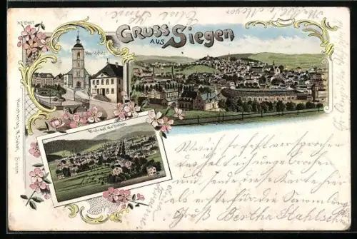 Lithographie Siegen, Marktplatz, Blick auf die Hütte, Gesamtansicht