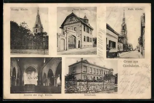 AK Gimbsheim, Kath. Kirche, Evang. Kirche, Neue Schule, Schulhaus