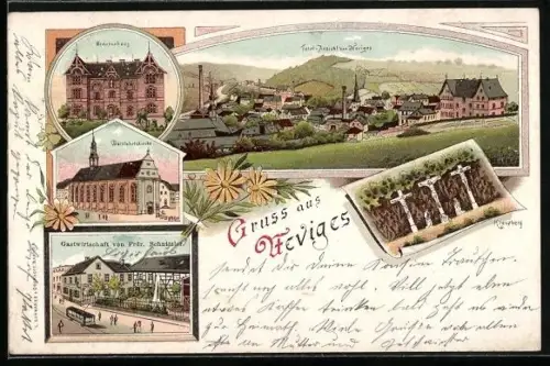 Lithographie Neviges, Krankenhaus, Gasthof v. Frdr. Schnitzler, Kreuzberg, Wallfahrtskirche