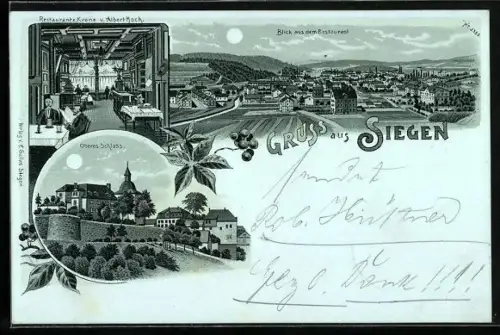 Mondschein-Lithographie Siegen, Restaurant z. Krone v. Albert Koch, Oberes Schloss