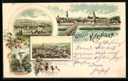 Lithographie Kitzingen a. M., Etwashausen mit Schwamberg, Kriegerdenkmal, Deuster`scher Schloss