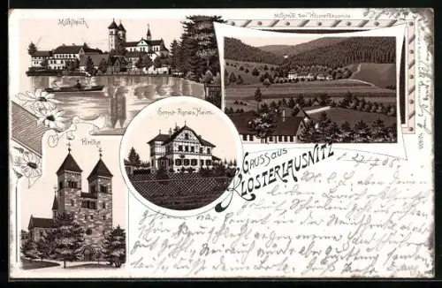 Lithographie Klosterlausnitz, Ernst-Agnes-Heim, Blick ins Mühltal, Mühlteich, Kirche