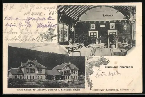 AK Herrenalb, Hotel Restaurant Bahnhof v. Friederich Seufer, Speisesaal