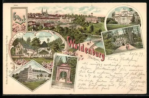 Lithographie Waldenburg i. Sachsen, Gläntzelmühle, Seminar, Bad, Grotte