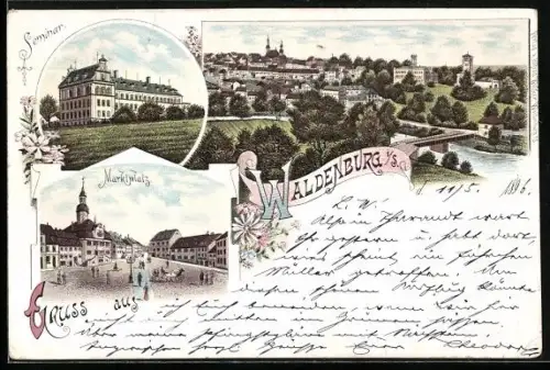 Lithographie Waldenburg / Sachsen, Marktplatz, Seminar, Totalansicht mit Fluss