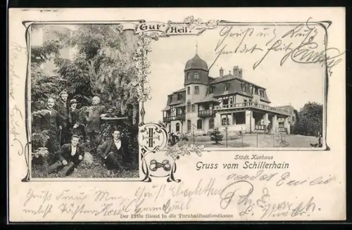AK Schillerhain, Städt. Kurhaus, Männer im Wald