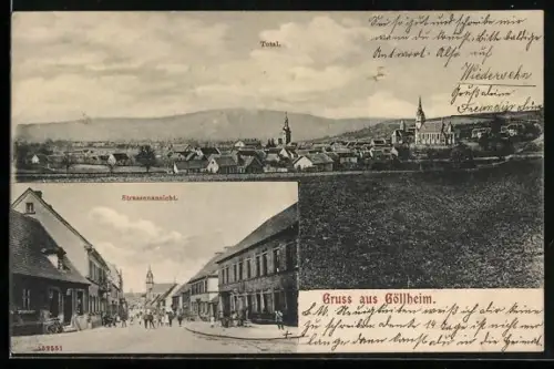 AK Göllheim, Strassenansicht, Ortspanorama mit Kirche