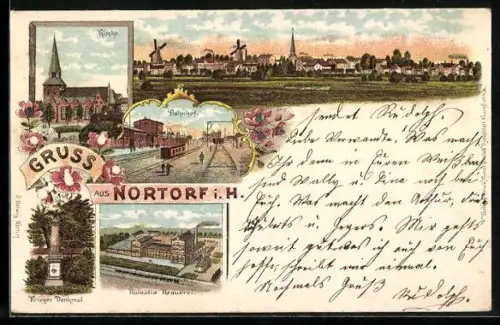 Lithographie Nortorf, Holsatia Brauerei, Krieger-Denkmal, Kirche, Ortsansicht
