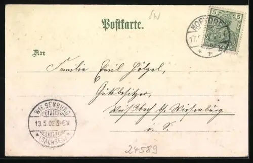 Lithographie Nortorf, Holsatia Brauerei, Krieger-Denkmal, Kirche, Ortsansicht