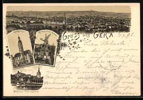 Lithographie Gera, Rathaus, Schloss Osterstein, Kriegerdenkmal