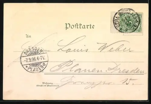 Lithographie Gera, Rathaus, Schloss Osterstein, Kriegerdenkmal