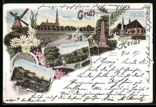 Lithographie Heide / Holstein, Waldschlöschen, Mühle, Marktplatz