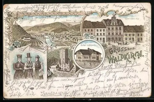 Lithographie Waldkirch / Breisgau, Hotel Löwen Post, Kandel-Rasthaus, Talblick mit Flusspartie