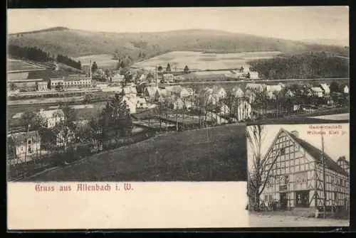 AK Allenbach i. W., Gasthaus Wilhelm Kelb jr., Ortsansicht aus der Vogelschau