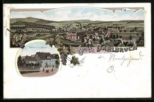 Lithographie Dahlbruch, Gasthof H. Setzer, Blick auf den Ort