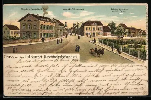 Lithographie Kirchheimbolanden, Vorstadt-Alleestrasse mit Theodor u. Familie Wolff-Stift und Wolff Park, Edenbornerstrasse