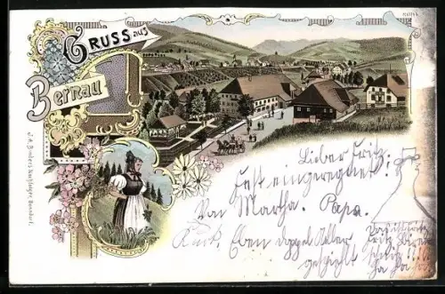 Lithographie Bernau / Baden, Strassenpartie im Ort, Dame in Tracht