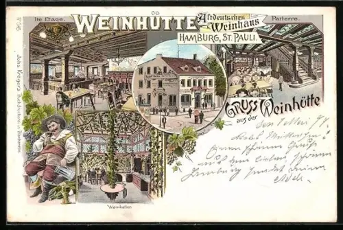 Lithographie Hamburg-St. Pauli, Gasthaus Weinhütte, Weinkelter