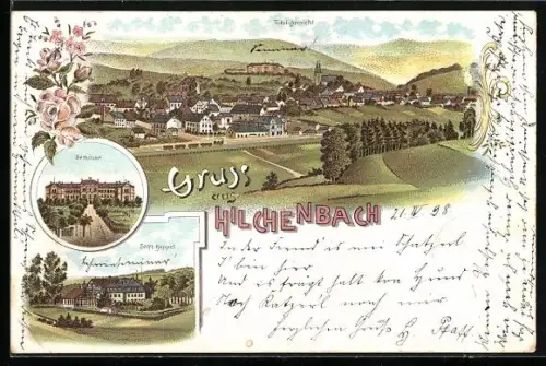 Lithographie Hilchenbach, Seminar, Stift-Keppel, Blick auf den Ort