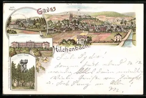 Lithographie Hilchenbach, Seminar, Giller Thurm, Stift Keppel, Ortsansicht mit Flusspartie