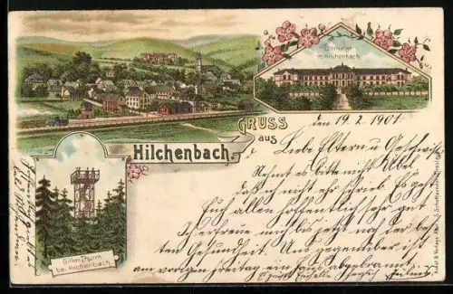 Lithographie Hilchenbach, Giller-Thurm, Blick auf den Ort, Seminar