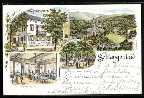 Lithographie Schlangenbad, Gasthaus Rheinischer Hof mit Garten und Innenansicht