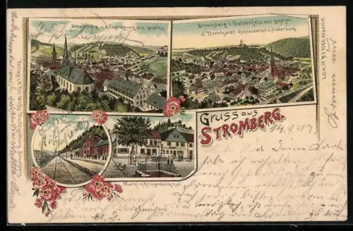 Lithographie Stromberg / Hunsrück, Bahnhof, Markt mit Kriegerdenkmal, Ortsansicht