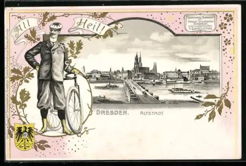 Passepartout-Lithographie Dresden, Panorama der Altstadt, Mann mit Fahrrad