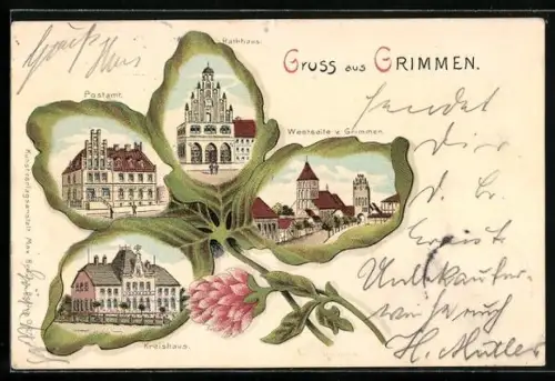 Passepartout-Lithographie Grimmen, Kreishaus, Postamt, Rathaus, Kleeblatt