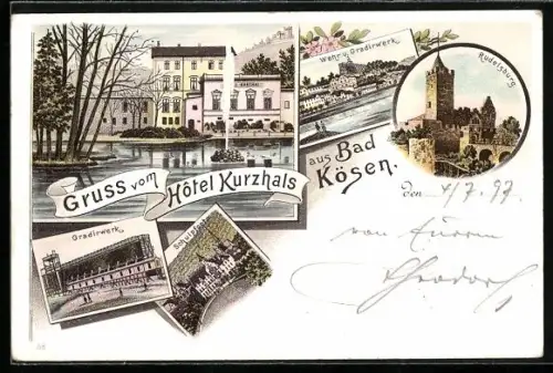 Lithographie Bad Kösen, Hotel Kurzhals, Rudelsburg, Gradirwerk