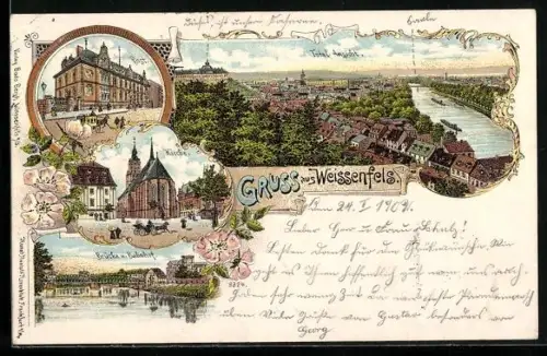 Lithographie Weissenfels, Post, Kirche, Brücke und Bahnhof