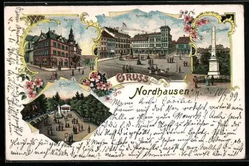 AK Nordhausen a. H., Rathaus, Kornmarkt, Krieger-Denkmal, Gehege