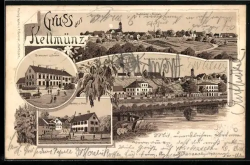 Lithographie Kellmünz, Ortsansicht von Süden, Brauerei zur Krone, Partie z. Steig
