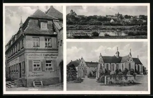 AK Dettelbach a. Main, Gasthof Hirschen, Kirche und Panorama