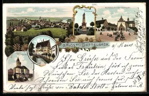 Lithographie Dettelbach, Kriegerdenkmal, Wallfahrtskirche und Kloster