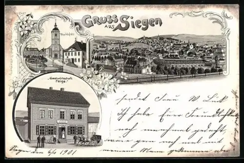 Lithographie Siegen, Gasthaus Feige, Marktplatz mit Kirche