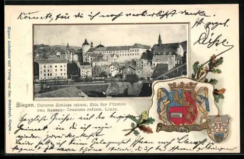 Passepartout-Lithographie Siegen, Unteres Schloss im Passepartout mit Wappen