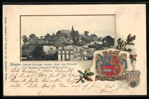 Passepartout-Lithographie Siegen, Oberes Schloss, Passepartout mit Wappen