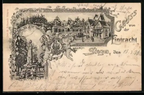 Lithographie Siegen, Gasthaus zur Eintracht, Denkmal