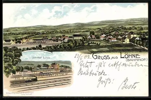 Lithographie Löhne, Blick zum Bahnhof, Ortsansicht mit Feldern