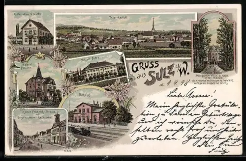Lithographie Sulz unterm Wald, Restaurant E. North, Bahnhof, Schloss Petry, Kaiser Friedrich Strasse