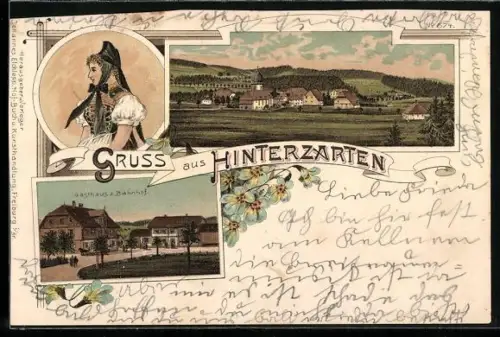 Lithographie Hinterzarten, Gasthaus z. Bahnhof, Ortspanorama, Dame in Tracht