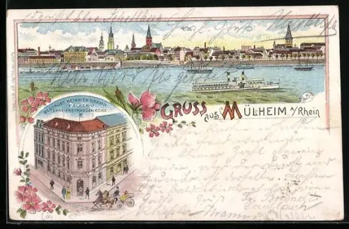 Lithographie Mülheim / Rhein, Restaurant Heinrich Kramm, Kalker- u. Danzigerstrassen-Ecke