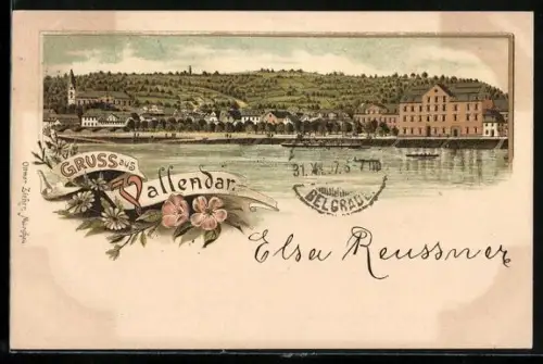 Lithographie Vallendar, Flusspartie mit Blick zum Ort