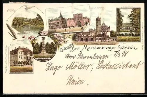 Lithographie Malchin, Schloss Remplin, Schloss Basedow, Mecklenburger Schweiz