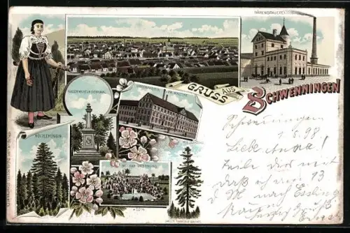 Lithographie Schwenningen / Villingen, Bärenbrauerei, Uhrenfabrik v. Fr. Mauthe, Hölzlekönig