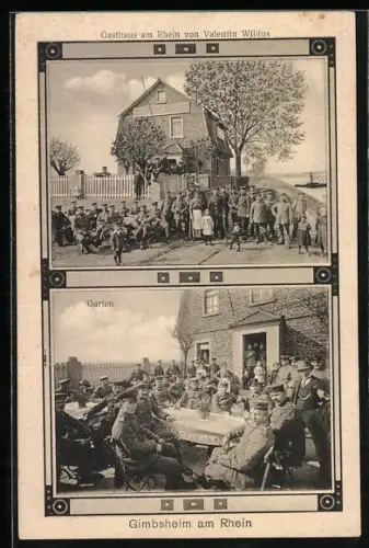 AK Gimbsheim am Rhein, Gasthaus von Valentin Willius und Garten mit uniformierten Soldaten