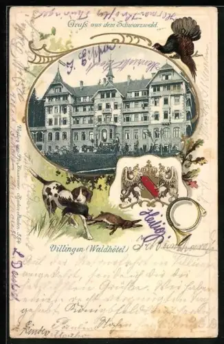 Passepartout-Lithographie Villingen-Schwenningen, Waldhotel, Jagdhund mit Fasan, Wappen, Auerhahn, erlegter Hase
